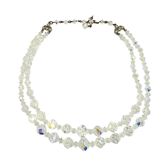 VTG Crystal Double Strand Necklace 17.5" Aurora Borealis Formal Wedding Jewelry - Picture 2 of 11